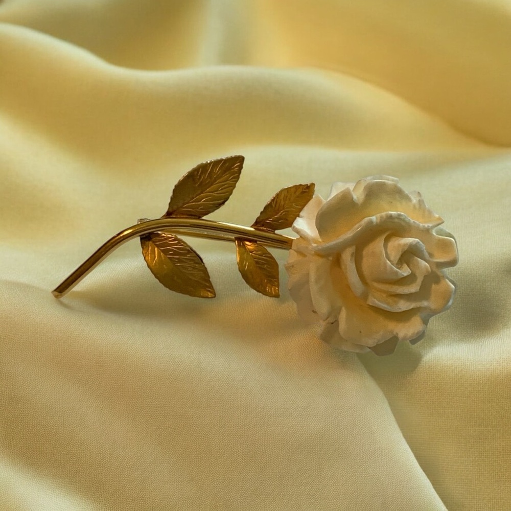 Elegant 12 K Gold Filled White Rose Brooch